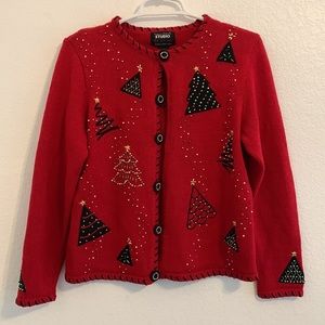 VINTAGE DESIGNERS ORIGINALS STUDIO UGLY CHRISTMAS CARDIGAN SWEATER RED